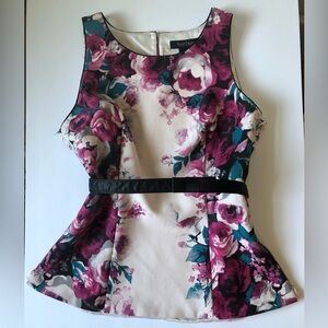 White House Black Market Size 2 Sleeveless Belted White Pink Floral Shirt